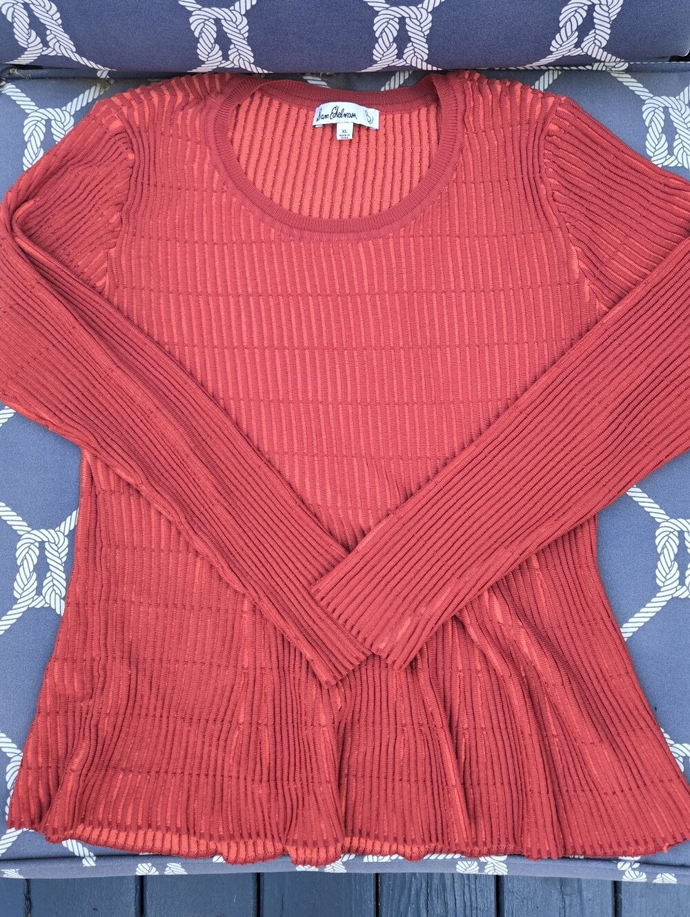 Sam Edelman Gia Crew Neck Peplum Knit Top Tandoori Spice Red/Orange Slim Fit XL
